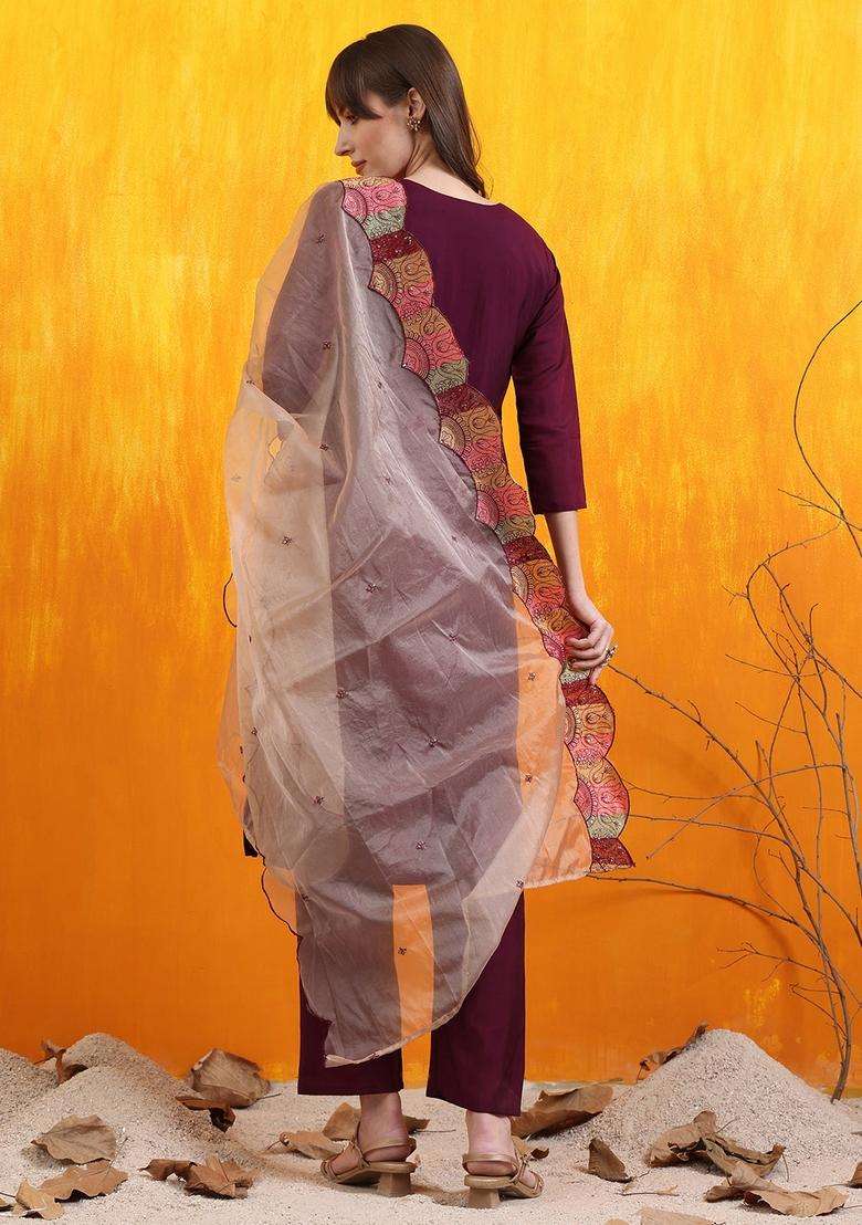Purple Embroidered Chanderi Straight Kurta Set - Indya