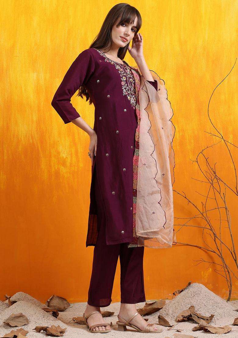 Purple Embroidered Chanderi Straight Kurta Set - Indya