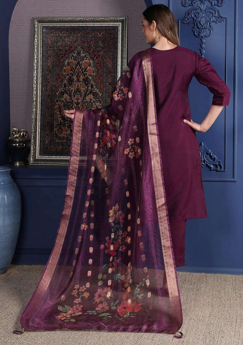 Purple Embroidered Chanderi Straight Kurta Set - Indya