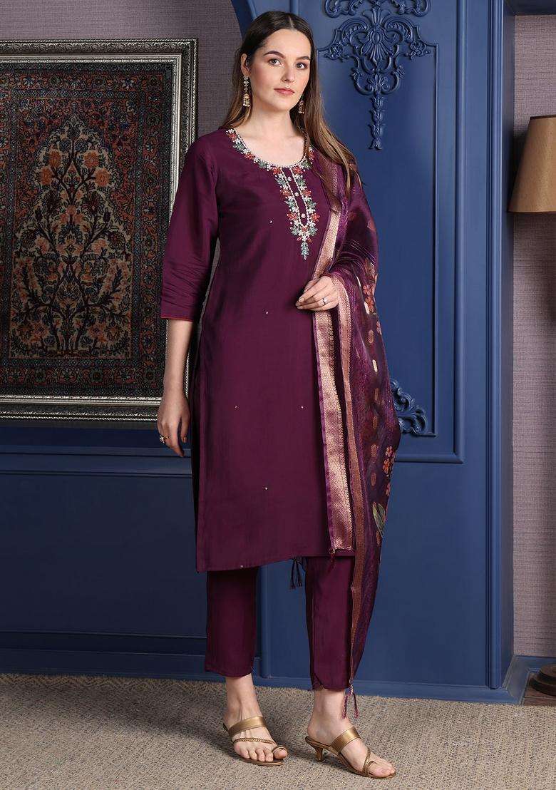 Purple Embroidered Chanderi Straight Kurta Set - Indya