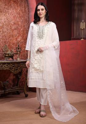 Cream Embroidery Chanderi Kurta Set