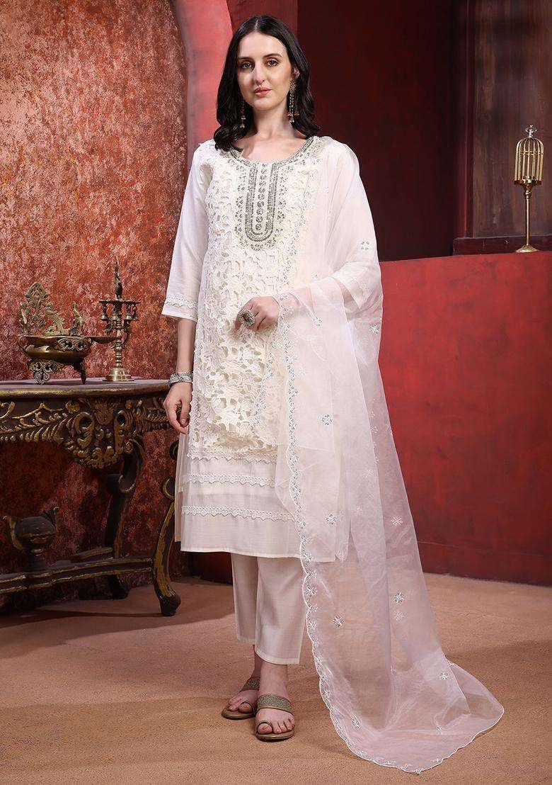 Cream Chikankari Chanderi Straight Kurta Set - Indya