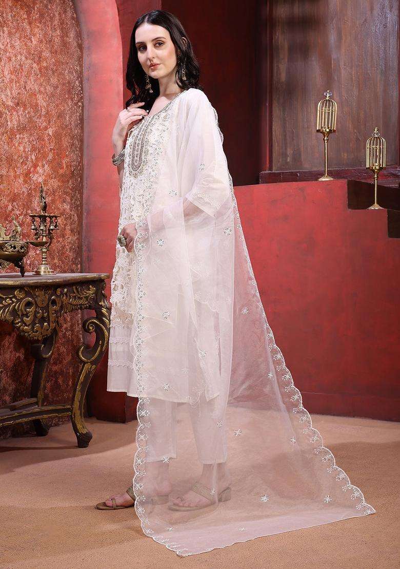 Cream Chikankari Chanderi Straight Kurta Set - Indya