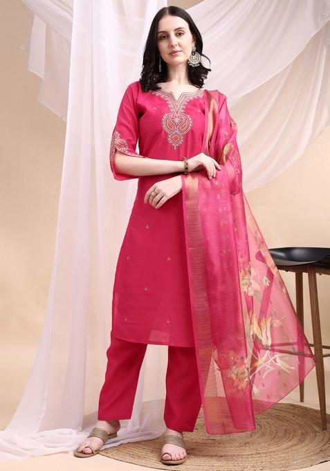 Pink Embroidery Chanderi Kurta Set