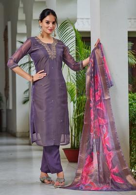 Purple Embroidery Silk Kurta Set