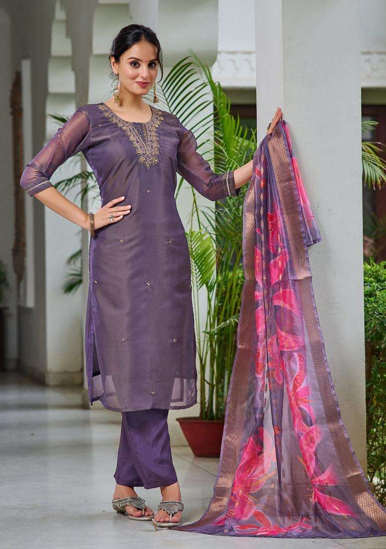Purple Embroidered Silk Straight Kurta Set - Indya