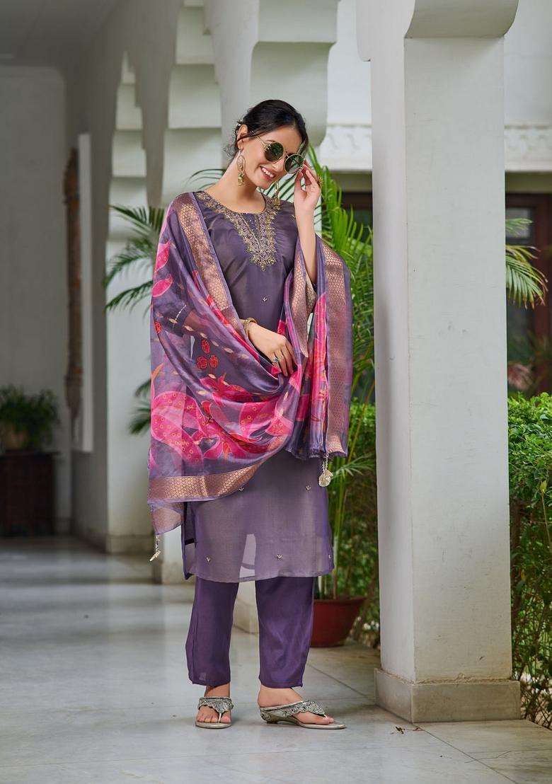 Purple Embroidered Silk Straight Kurta Set - Indya