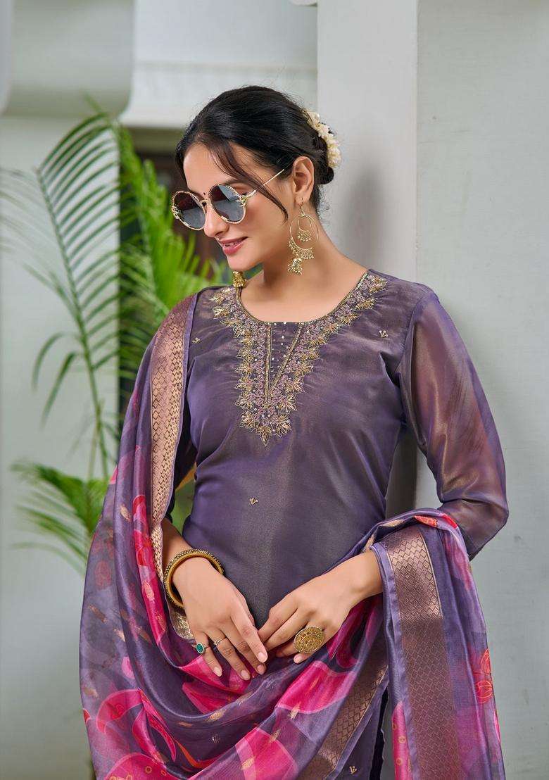 Purple Embroidered Silk Straight Kurta Set - Indya