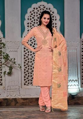 Peach Embroidery Jacquard Kurta Set