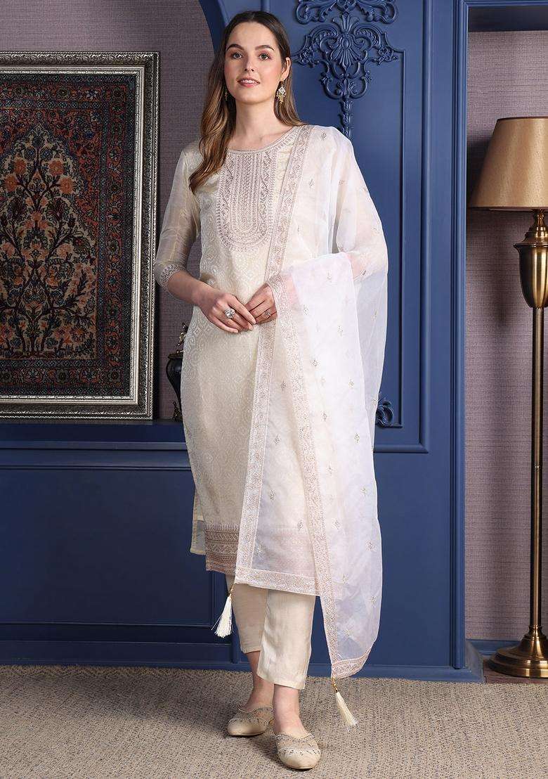 Cream Embroidered Jacquard Straight Kurta Set - Indya