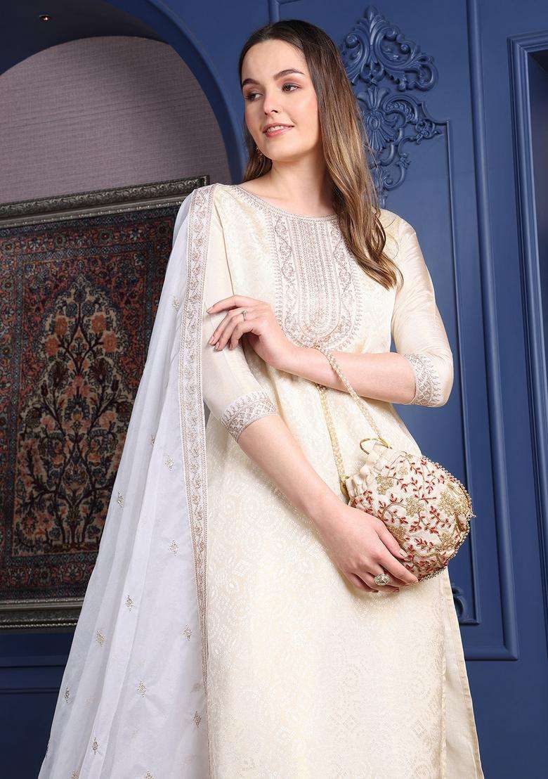 Cream Embroidered Jacquard Straight Kurta Set - Indya