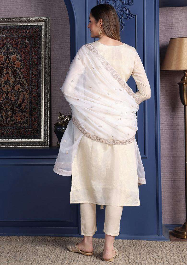 Cream Embroidered Jacquard Straight Kurta Set - Indya
