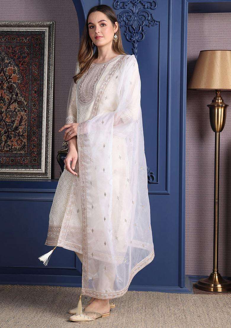 Cream Embroidered Jacquard Straight Kurta Set - Indya