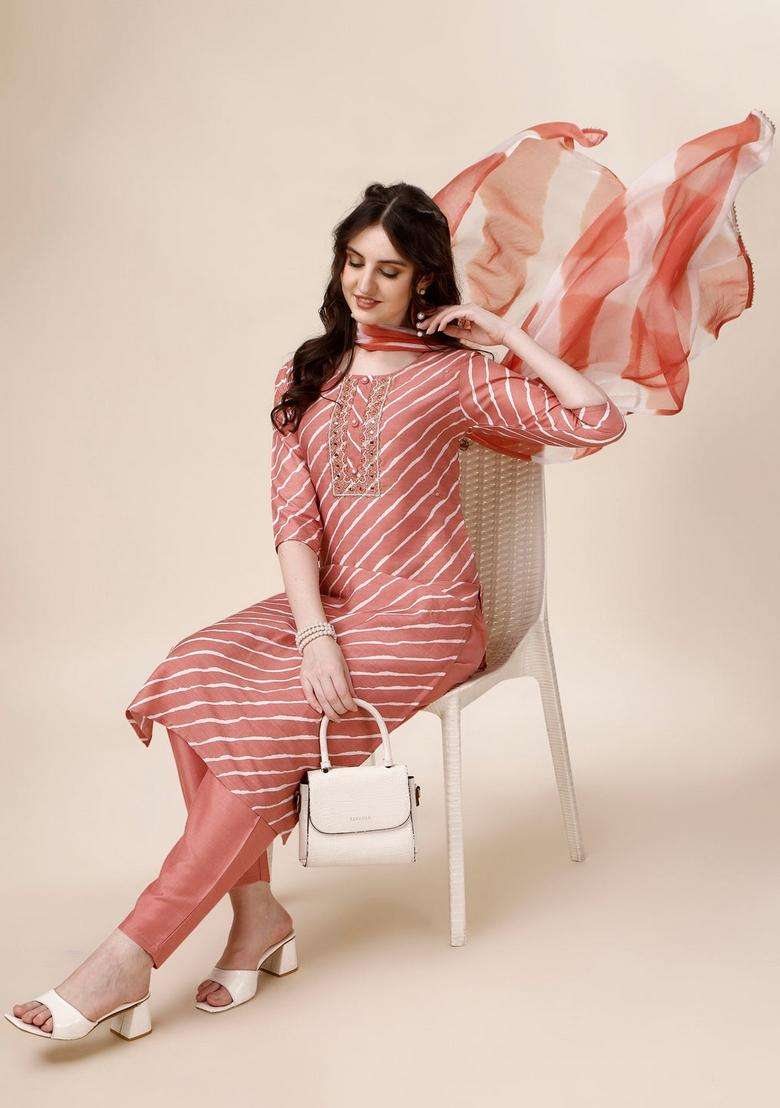 Multicolor Striped Rayon Straight Kurta Set - Indya