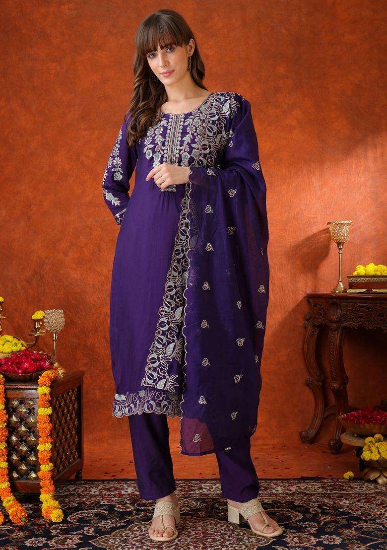 Purple Embroidered Chanderi Straight Kurta Set - Indya