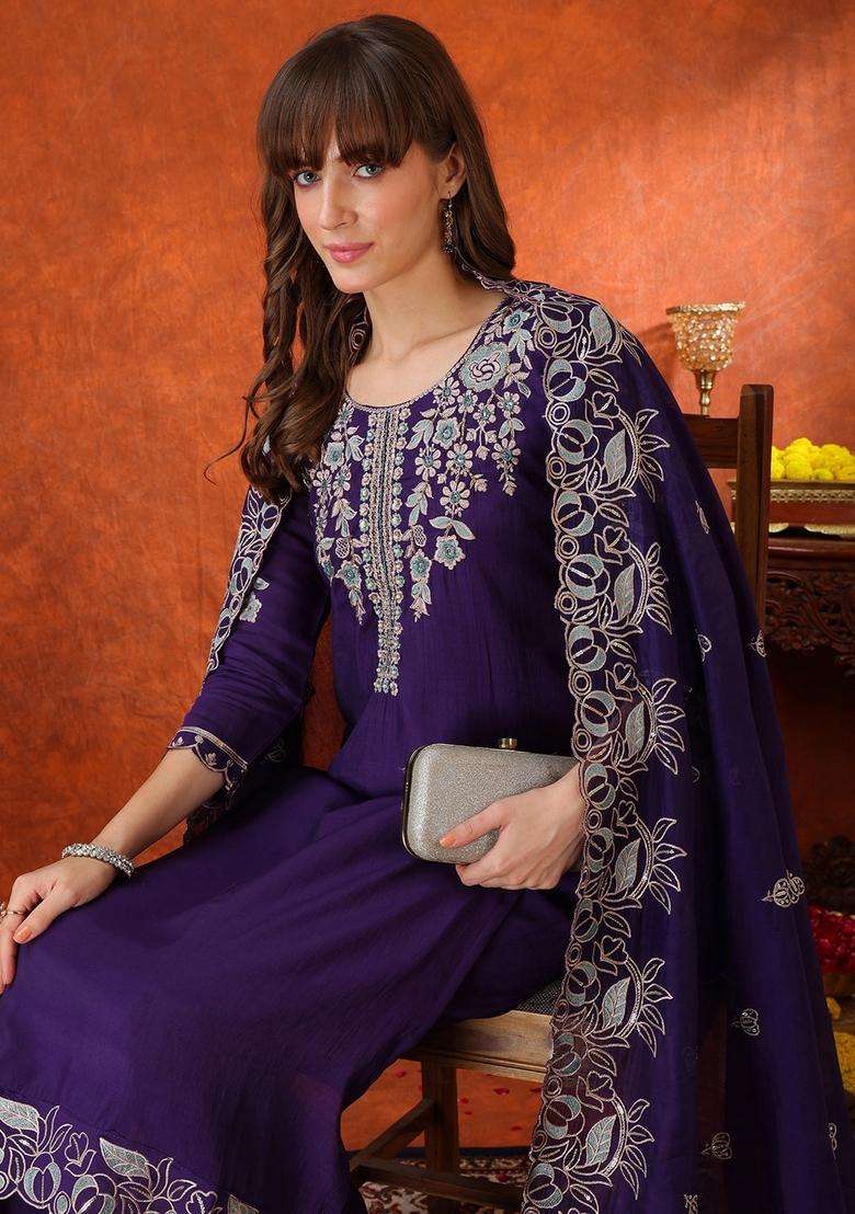 Purple Embroidered Chanderi Straight Kurta Set - Indya
