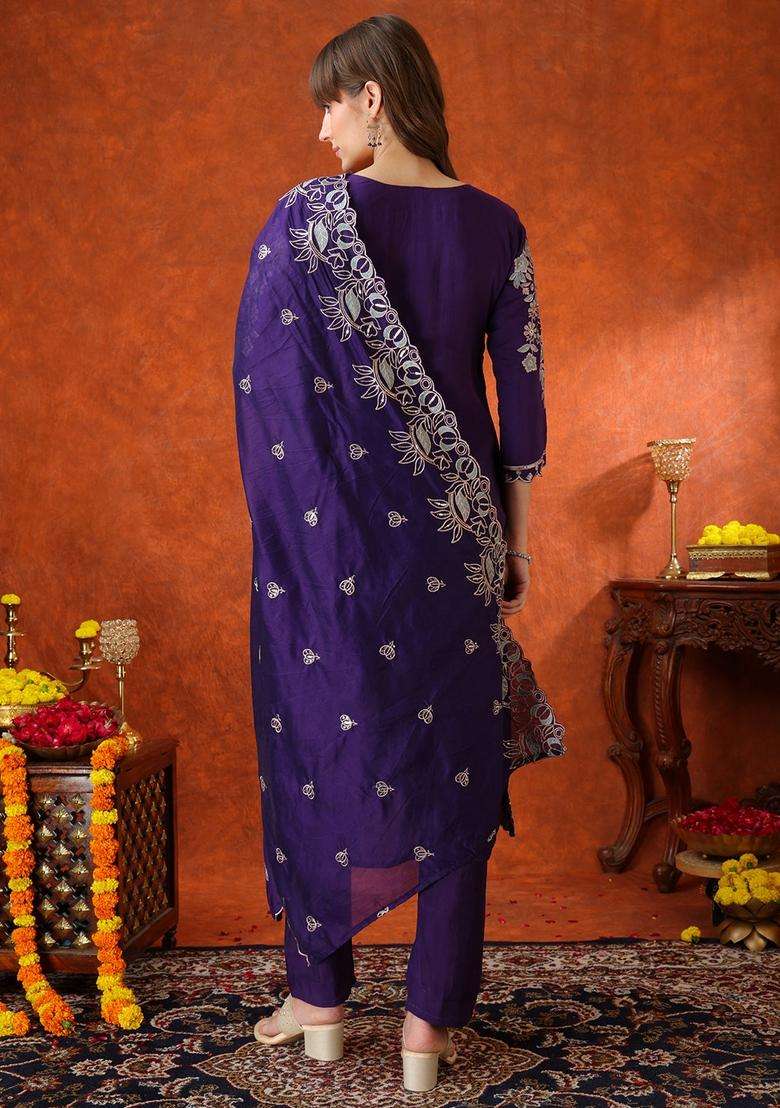 Purple Embroidered Chanderi Straight Kurta Set - Indya