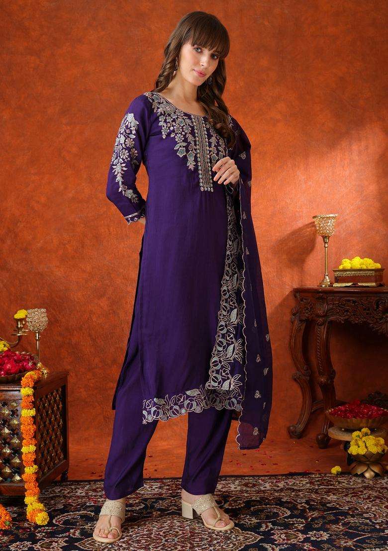 Purple Embroidered Chanderi Straight Kurta Set - Indya