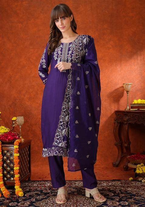 Purple Embroidery Chanderi Kurta Set