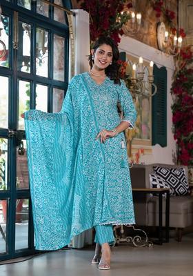 Blue Embroidery Cotton Kurta Set