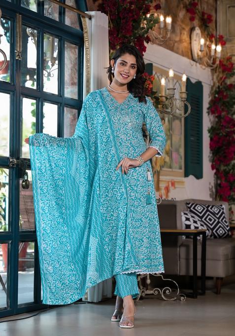 Blue Embroidery Cotton Kurta Set