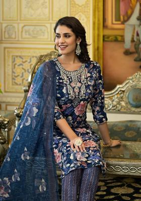 Navy Blue Embroidery Rayon Kurta Set