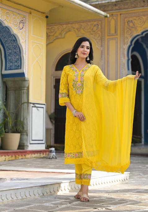 Yellow Embroidery Cotton Kurta Set