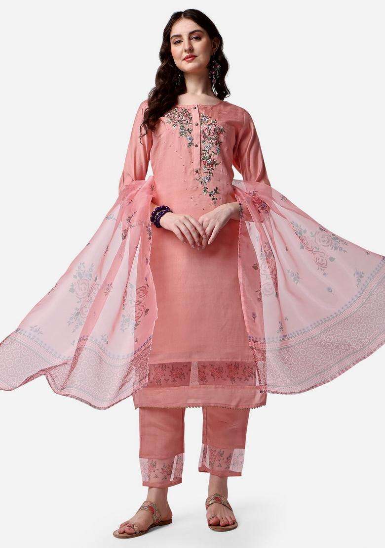 Multicolor Embroidered Rayon Straight Kurta Set - Indya
