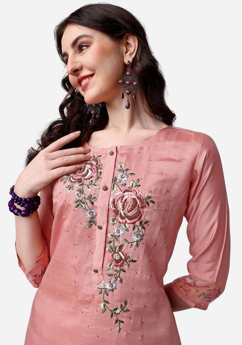 Multicolor Embroidered Rayon Straight Kurta Set - Indya