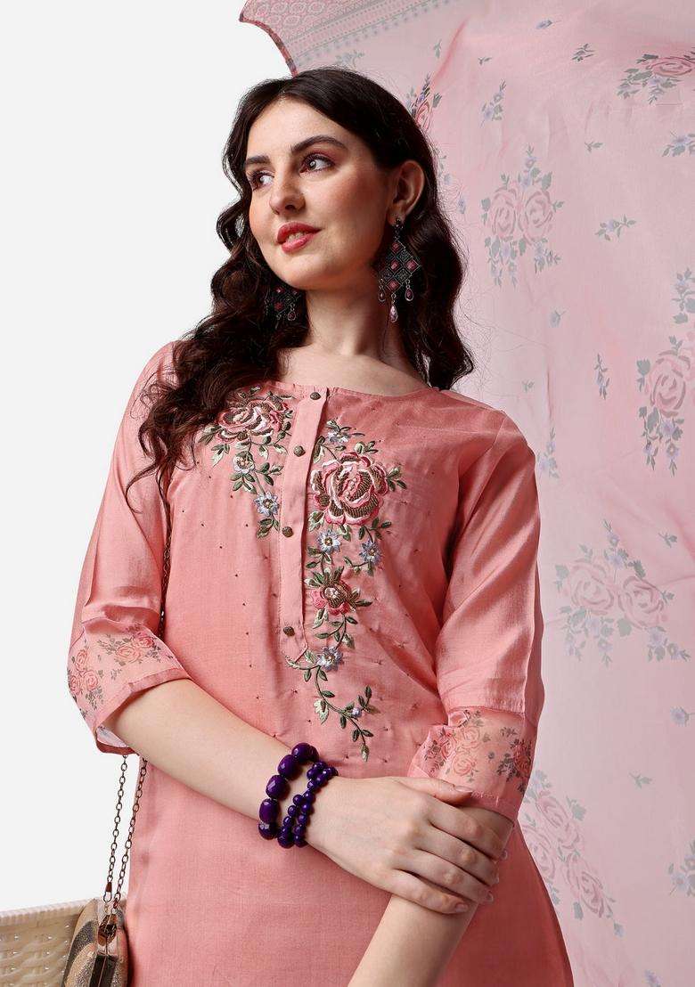 Multicolor Embroidered Rayon Straight Kurta Set - Indya