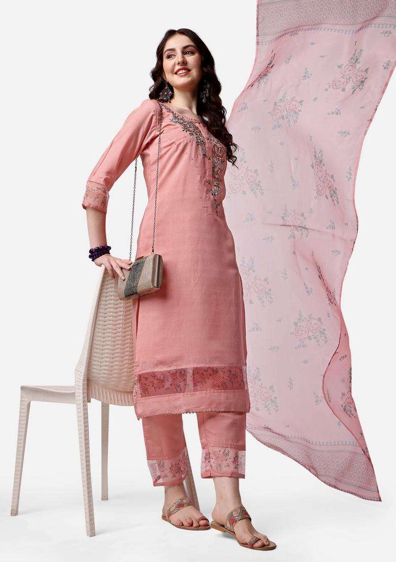 Multicolor Embroidered Rayon Straight Kurta Set - Indya
