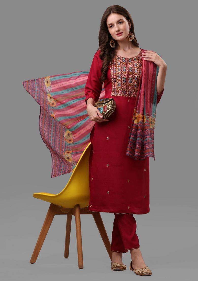 Multicolor Embroidered Rayon Straight Kurta Set - Indya