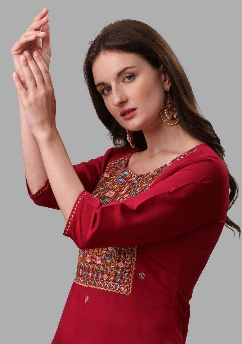 Multicolor Embroidered Rayon Straight Kurta Set - Indya