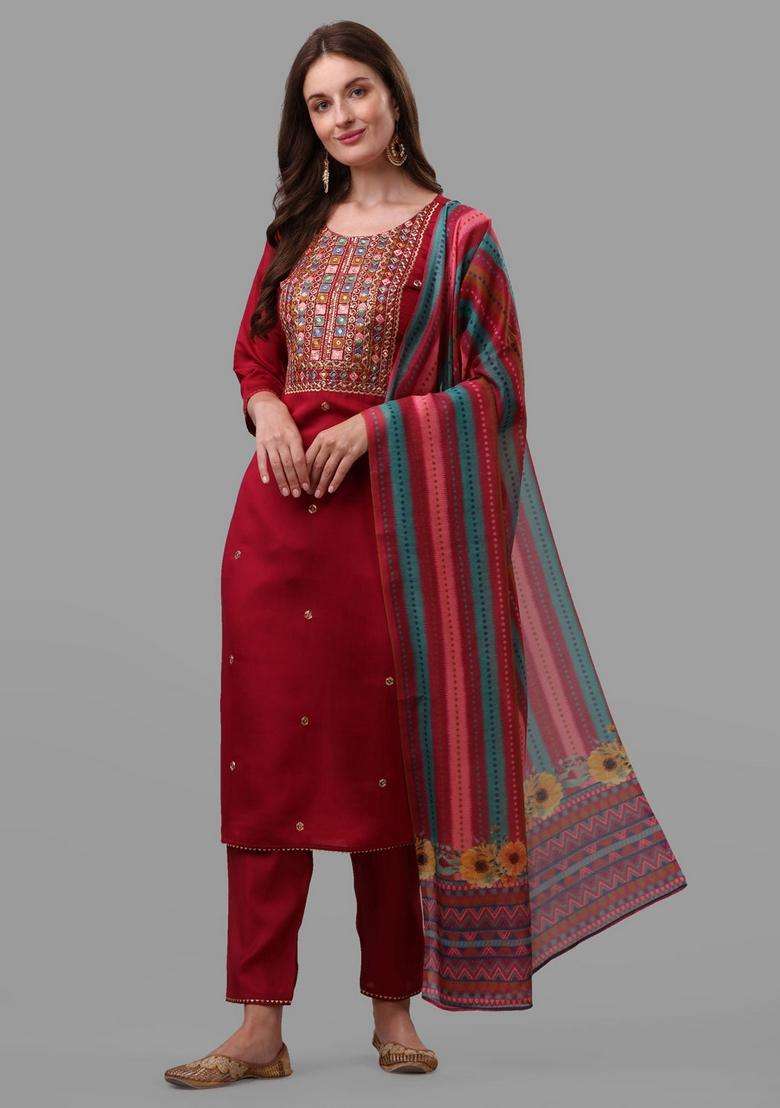 Multicolor Embroidered Rayon Straight Kurta Set - Indya