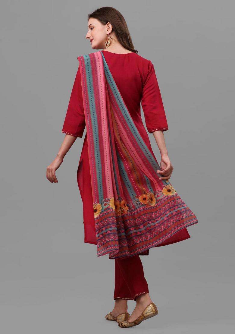 Multicolor Embroidered Rayon Straight Kurta Set - Indya