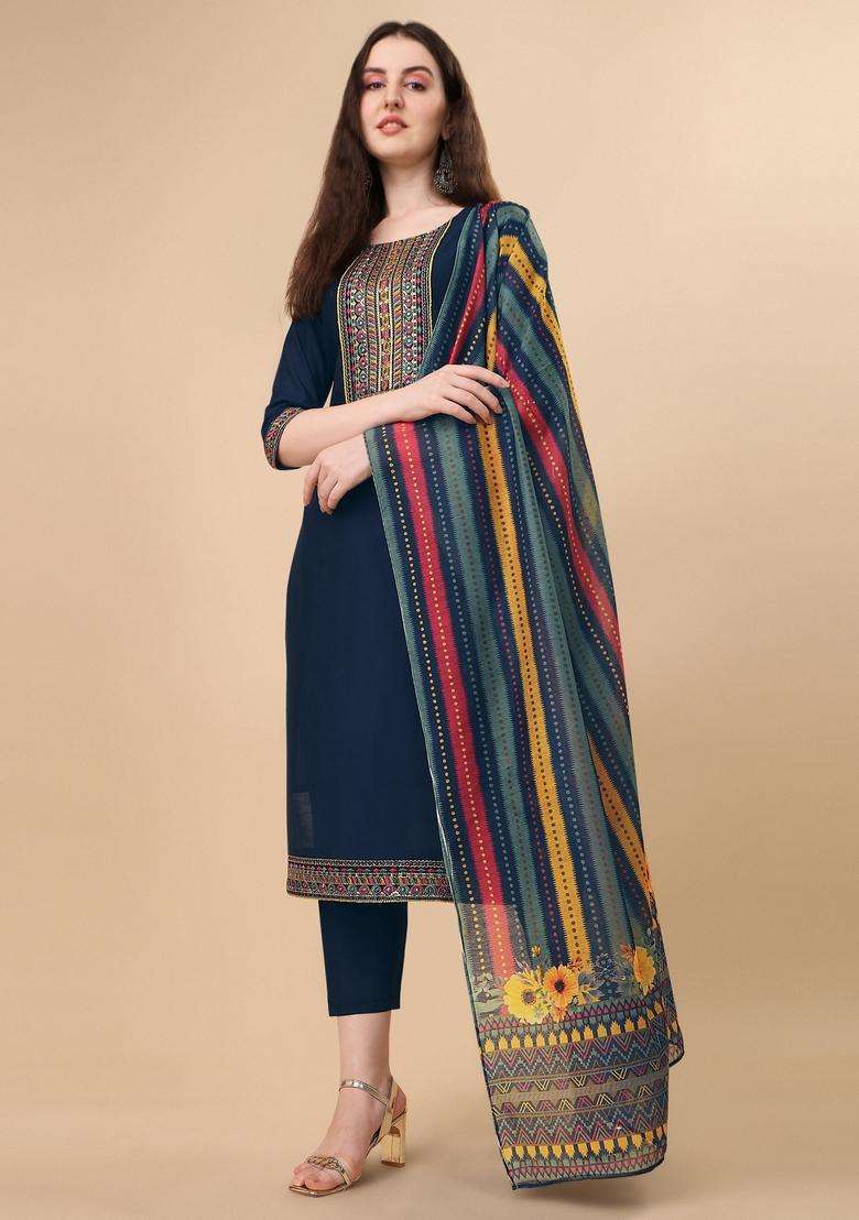 Multicolor Embroidered Rayon Straight Kurta Set - Indya