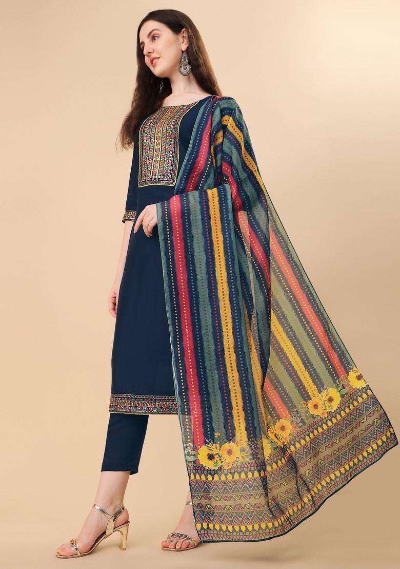 Multicolor Embroidered Rayon Straight Kurta Set - Indya