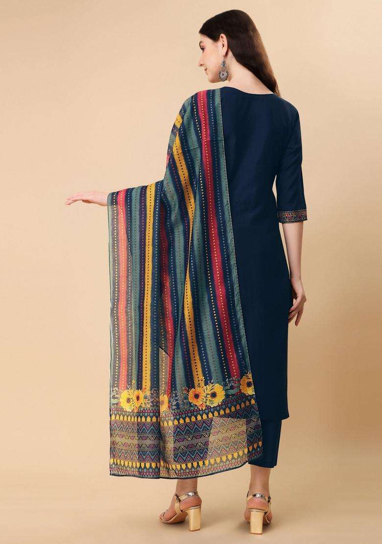 Multicolor Embroidered Rayon Straight Kurta Set - Indya