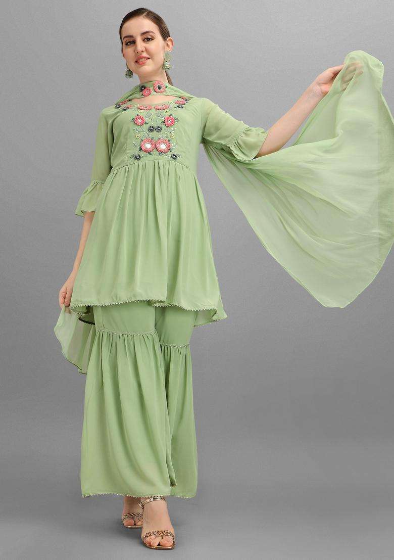 Multicolor Embroidered Rayon Sharara Set - Indya
