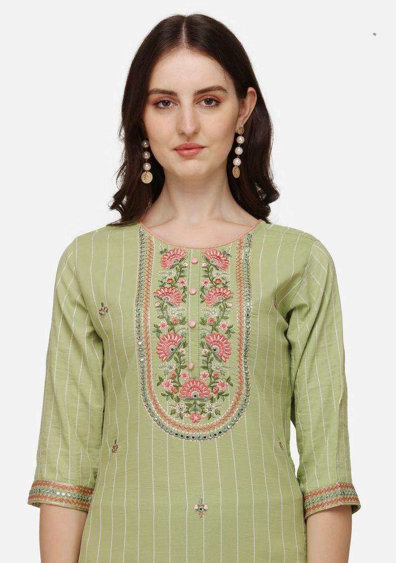 Multicolor Embroidered Rayon Straight Kurta Set - Indya