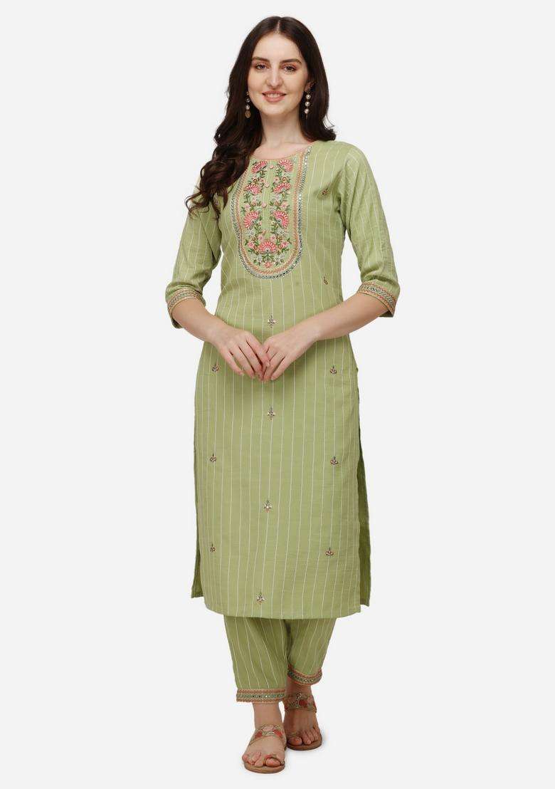 Multicolor Embroidered Rayon Straight Kurta Set - Indya