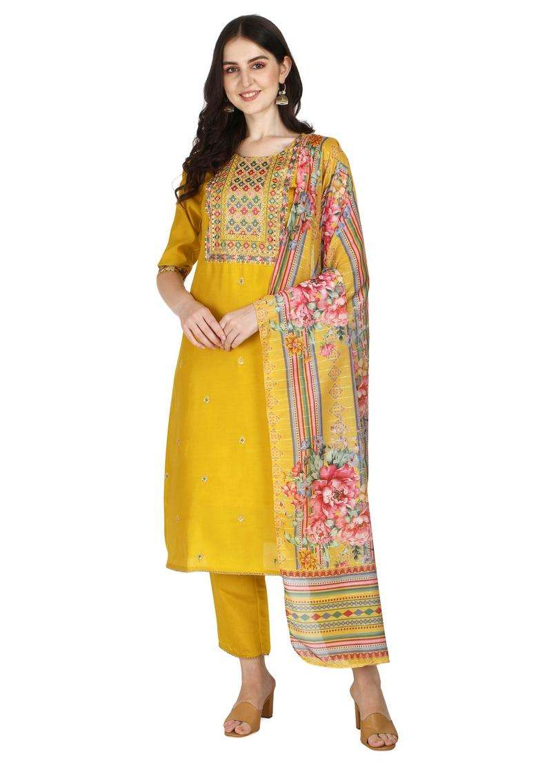 Multicolor Embroidered Rayon Straight Kurta Set - Indya