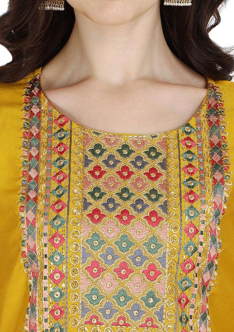 Multicolor Embroidered Rayon Straight Kurta Set - Indya