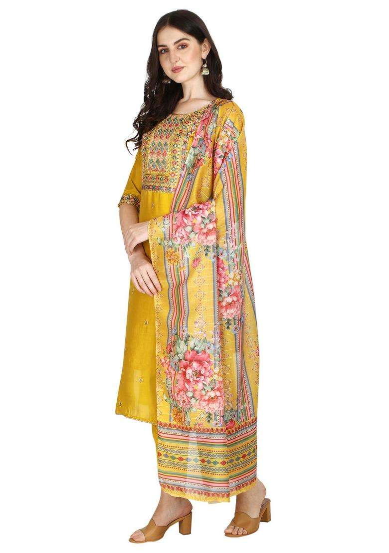 Multicolor Embroidered Rayon Straight Kurta Set - Indya