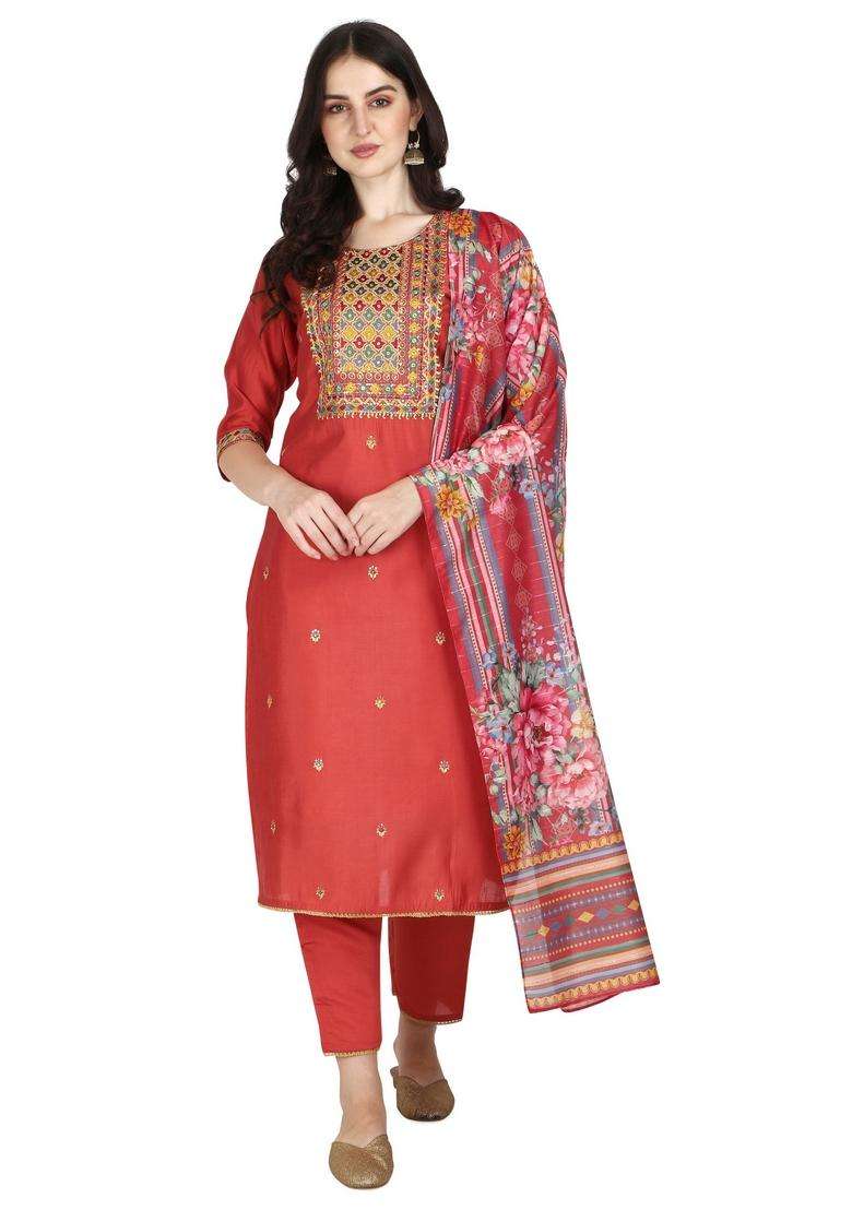 Multicolor Embroidered Rayon Straight Kurta Set - Indya