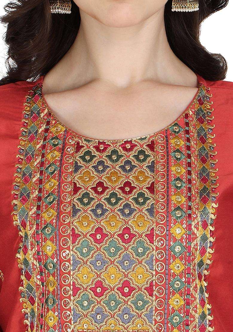 Multicolor Embroidered Rayon Straight Kurta Set - Indya