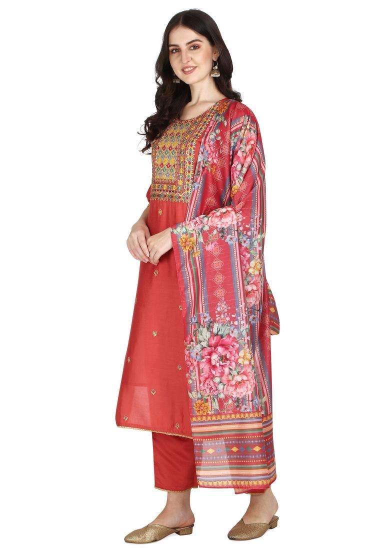 Multicolor Embroidered Rayon Straight Kurta Set - Indya