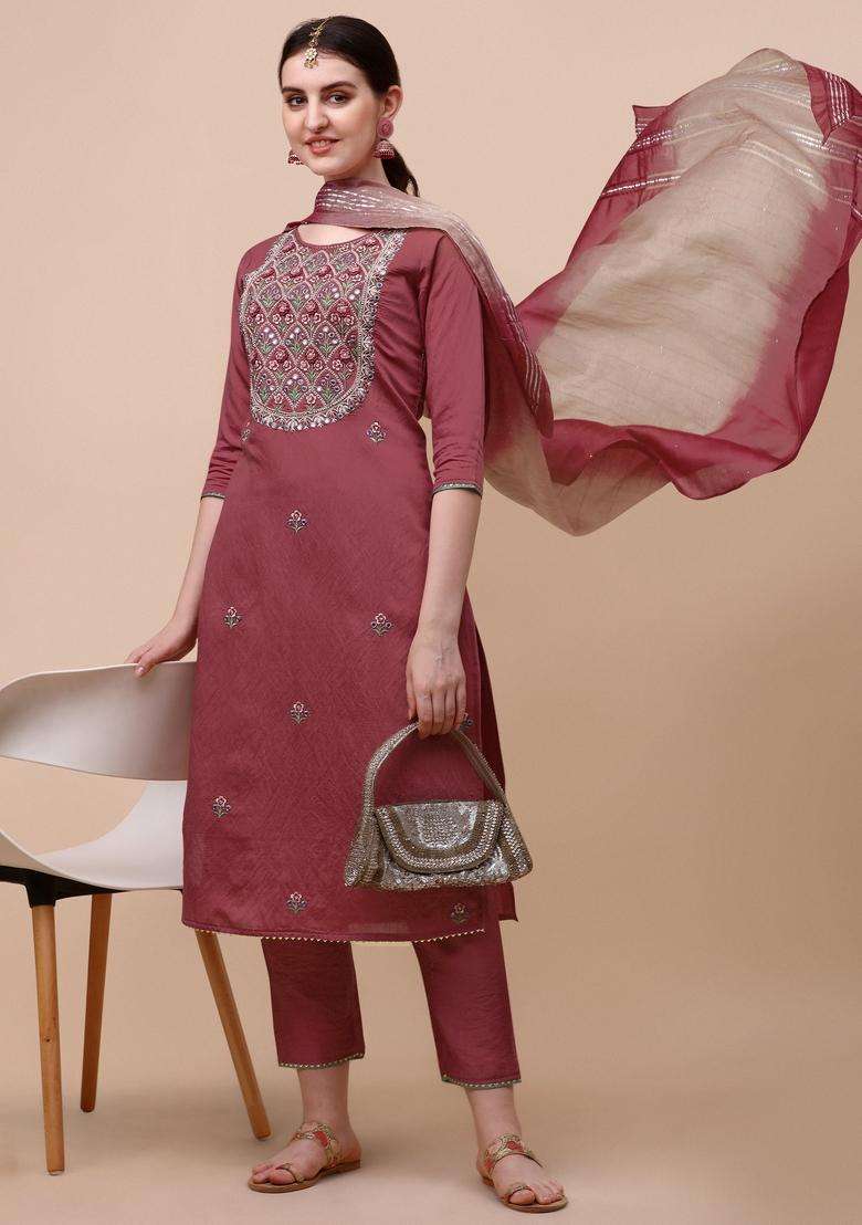 Multicolor Embroidered Rayon Straight Kurta Set - Indya