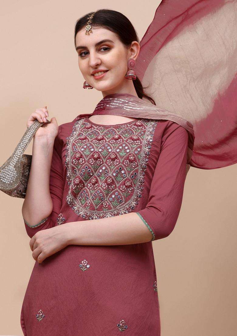 Multicolor Embroidered Rayon Straight Kurta Set - Indya