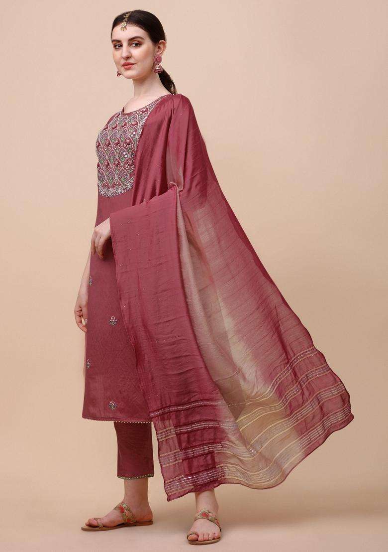 Multicolor Embroidered Rayon Straight Kurta Set - Indya